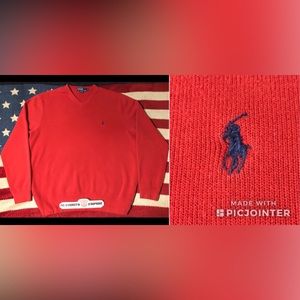 Vintage Polo Ralph Lauren Classic Red V Neck Sweater L p wing stadium rlpc Golf